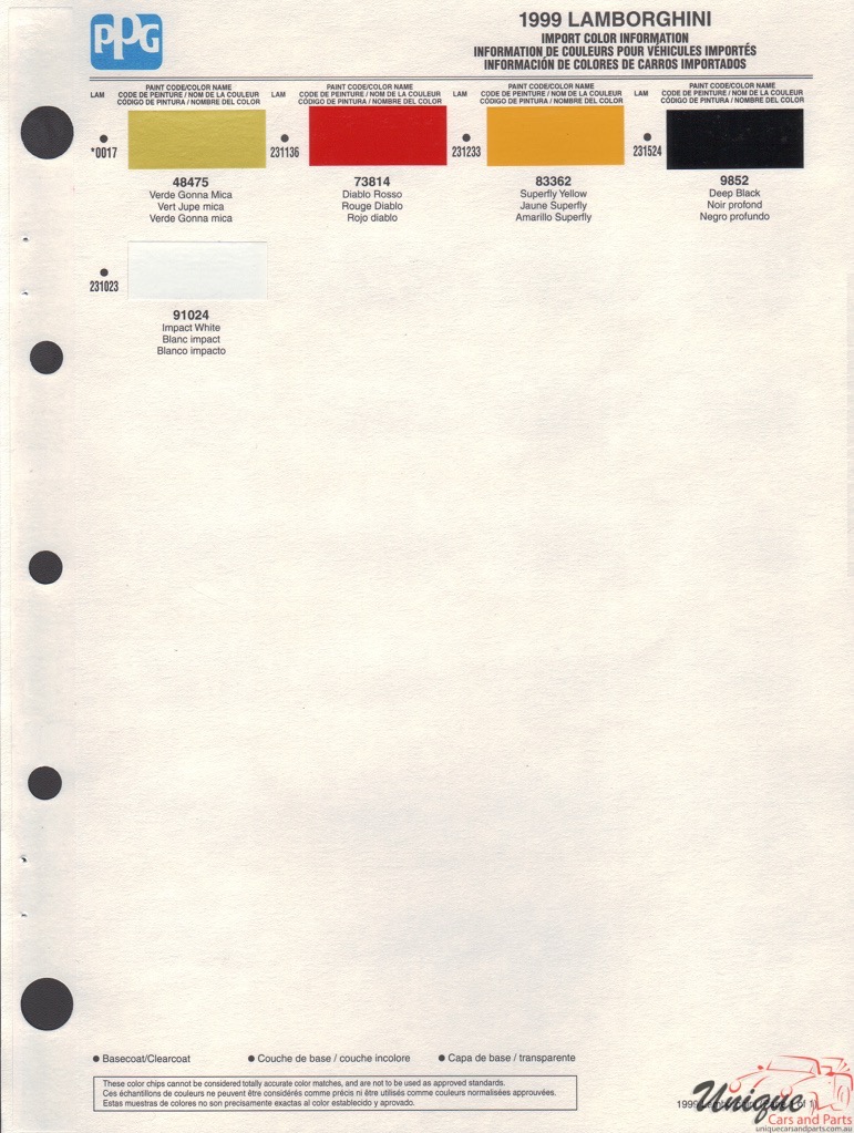 1999 Lamborghini Paint Charts PPG 1